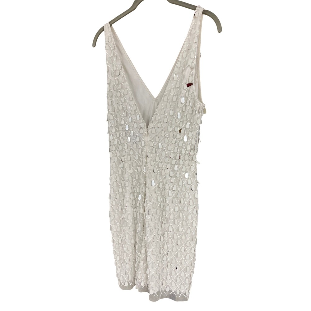 Liv Foster Beaded Sequin Lattice V-Neck Mini Dress Ivory Silver Size 6 - Picture 4 of 7